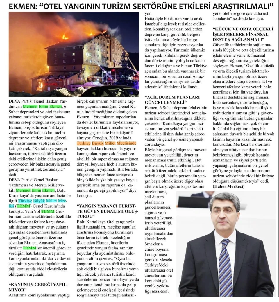 EKMENDEN YANGIN VE AFET ÖNERİSİ — gazete kupürü