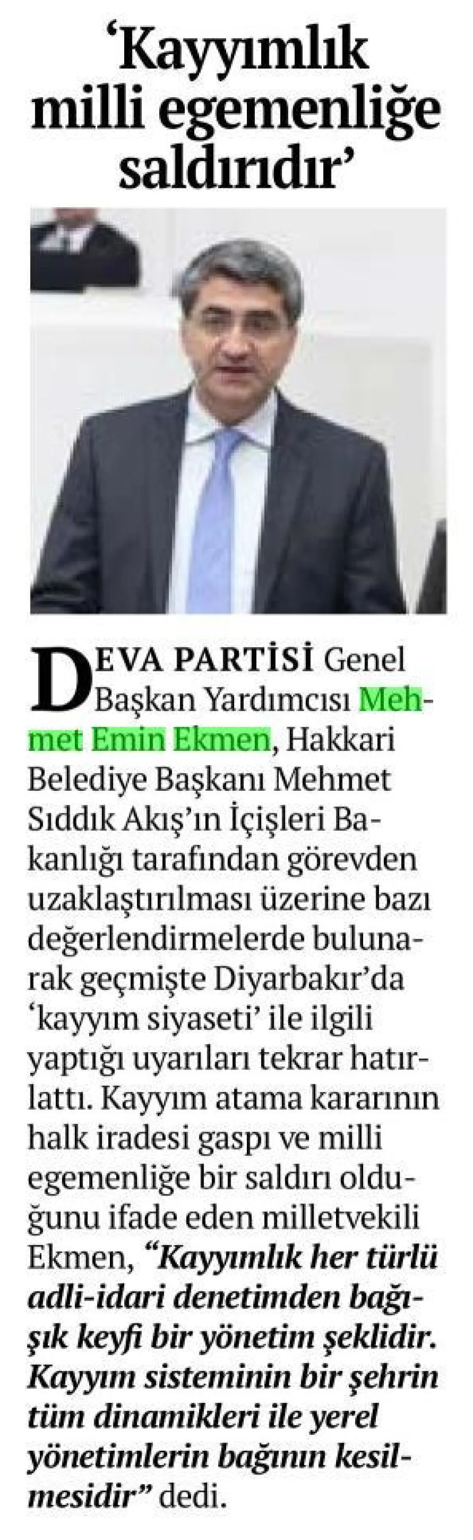 KAYYIMLIK MİLLİ EGEMENLİĞE SALDIRIDIR — gazete kupürü