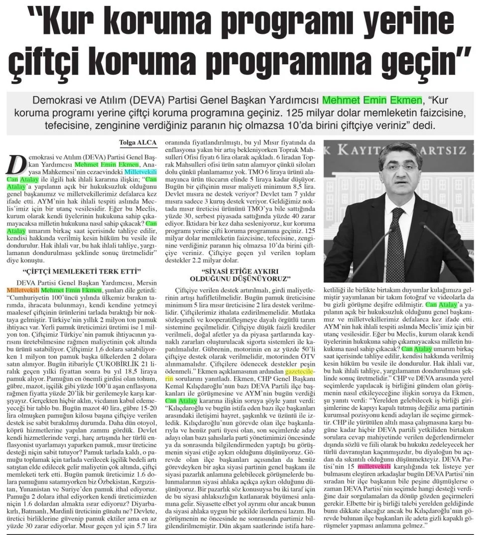 KUR KORUMA PROGRAMI YERİNE ÇİFTÇİ KORUMA PROGRAMINA GEÇİN — gazete kupürü