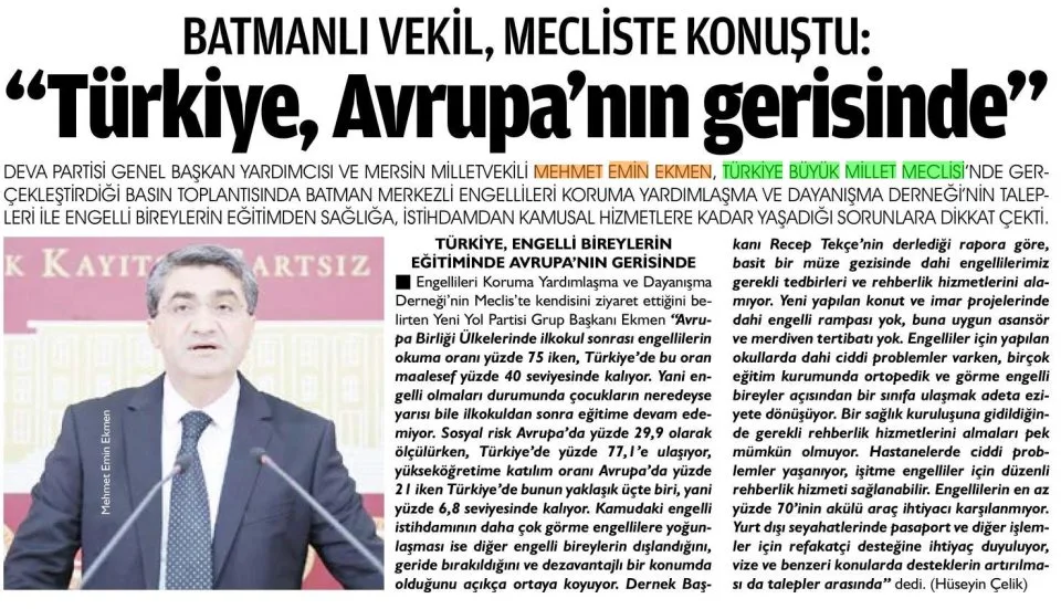 TÜRKİYE AVRUPANIN GERİSİNDE — gazete kupürü