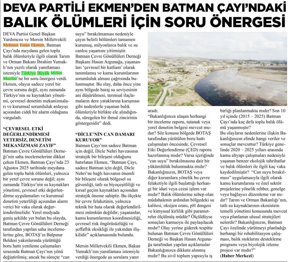 DEVA PARTİLİ EKMEN'DEN BATMAN ÇAYI'NDAKI BALIK ÖLÜMLERİ İÇİN SORU ÖNERGESİ — gazete kupürü