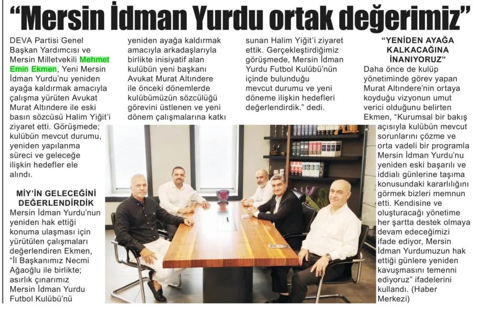 MERSİN İDMAN YURDU ORTAK DEĞERİMİZ" — gazete kupürü