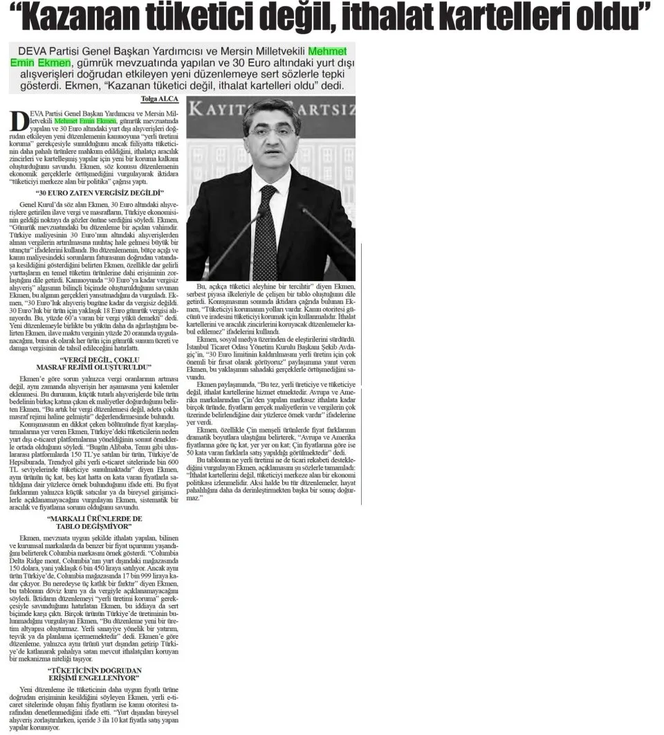 "KAZANAN TÜKETİCİ DEĞİL, İTHALAT KARTELLERİ OLDU" — gazete kupürü