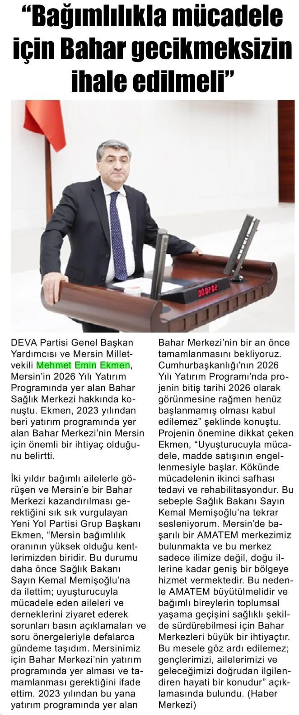 "BAHAR MERKEZİ, ÖNEMLİ BİR İHTİYAÇ" — gazete kupürü