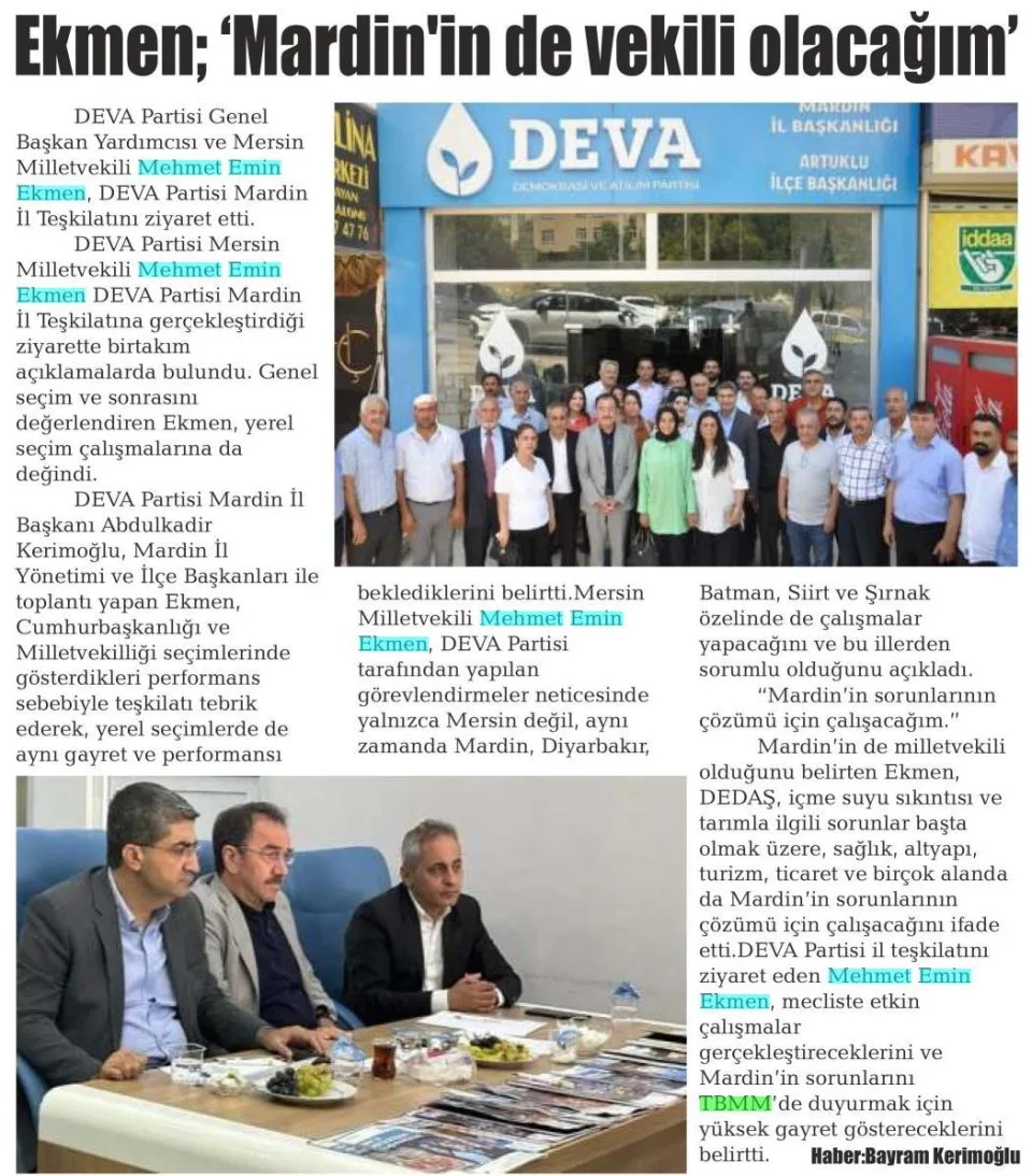 EKMEN : MARDİN'İN DE VEKİLİ OLACAĞIM — gazete kupürü