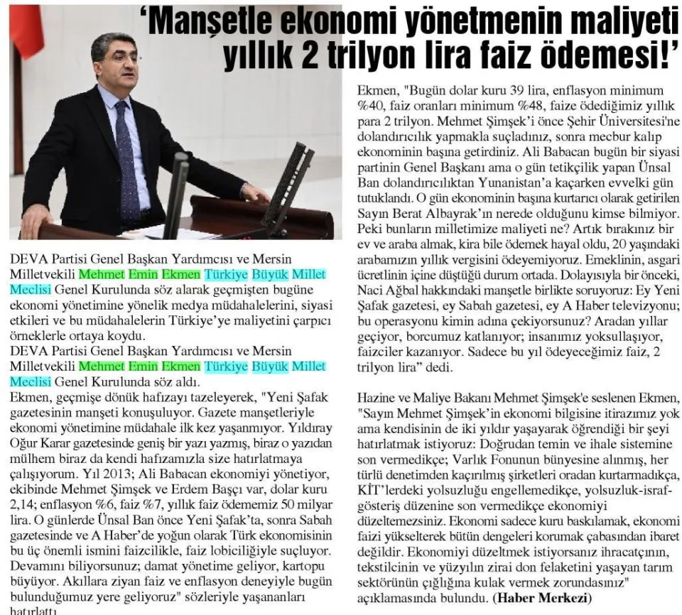 'MANŞETLE EKONOMİ YÖNETMENİN MALİYETİ YILLIK 2 TRİLYON LİRA FAİZ ÖDEMESİ!'' — gazete kupürü