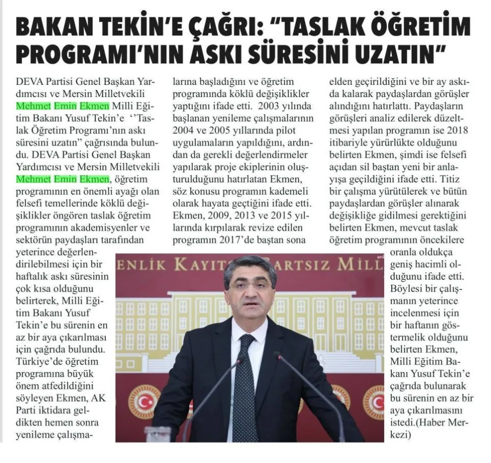 BAKAN TEKIN'E ÇAĞRI: "TASLAK ÖĞRETİM PROGRAMININ ASKI SÜRESİNİ UZATIN" — gazete kupürü