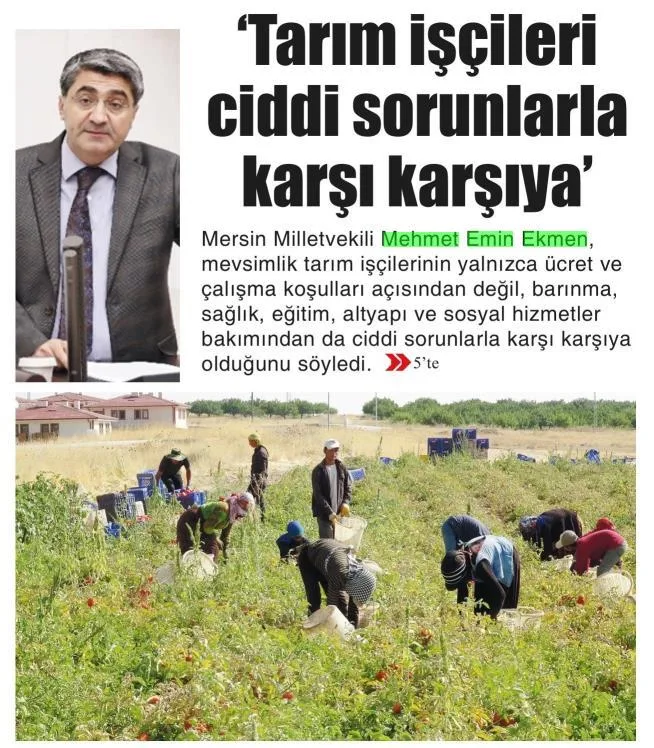 'TARIM İŞÇİLERİ CİDDİ SORUNLARLA KARŞI KARŞIYA' — gazete kupürü