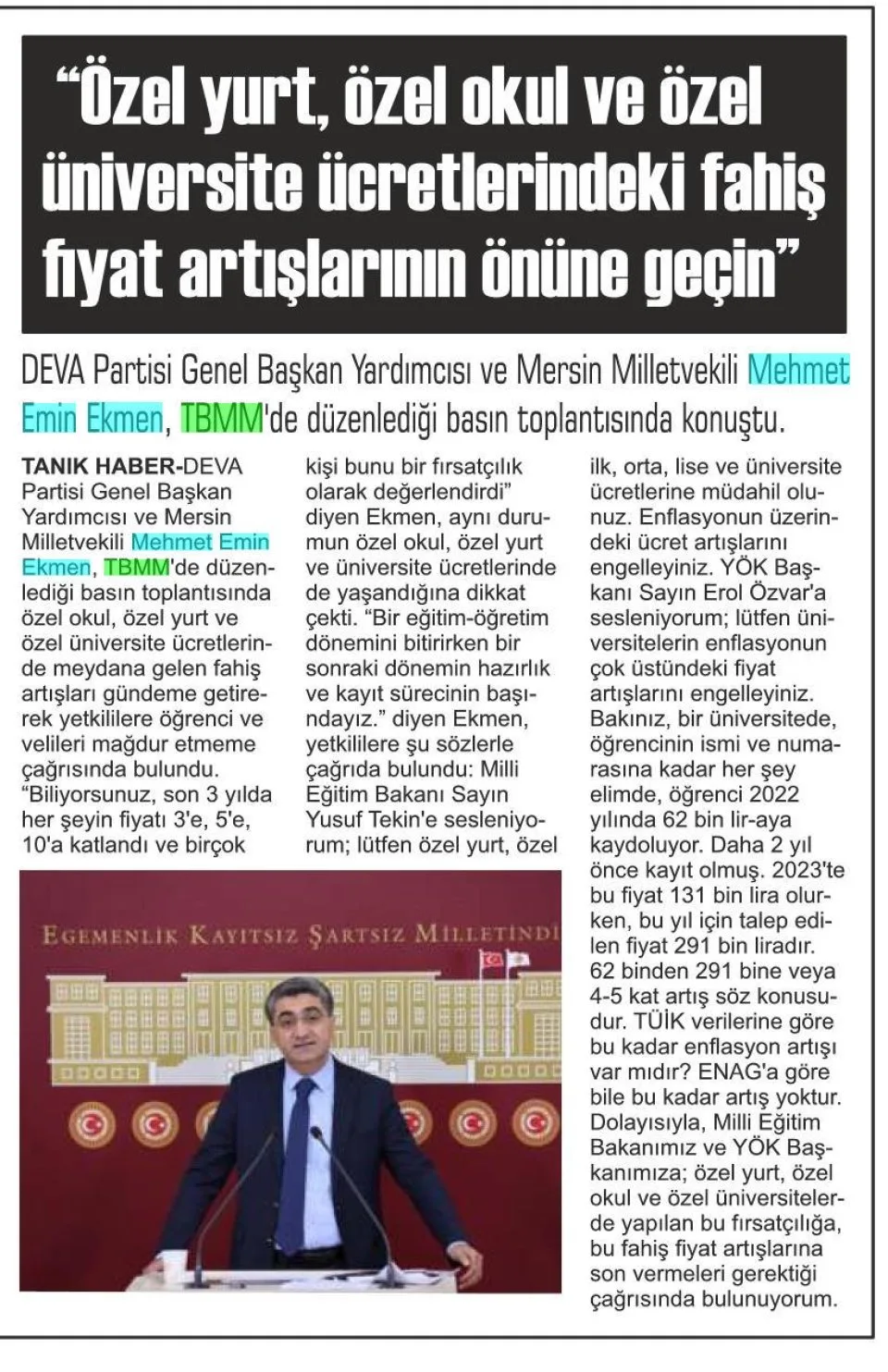"FAHİŞ FİYAT ARTIŞLARININ ÖNÜNE GEÇİN" — gazete kupürü