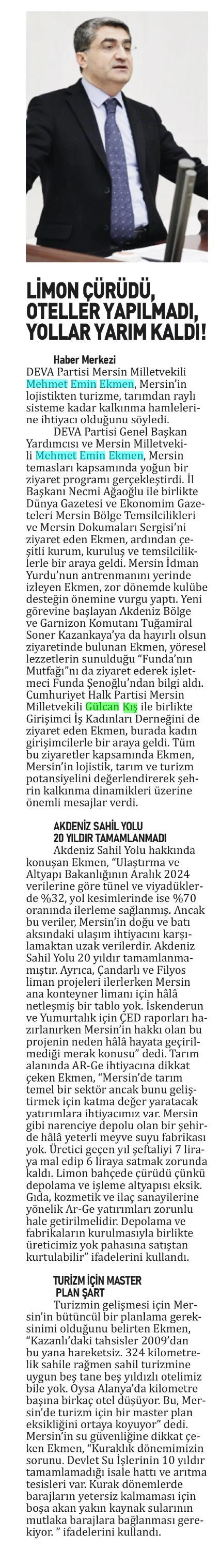 MERSİN İÇİN 360 DERECE DEĞERLENDİRME — gazete kupürü