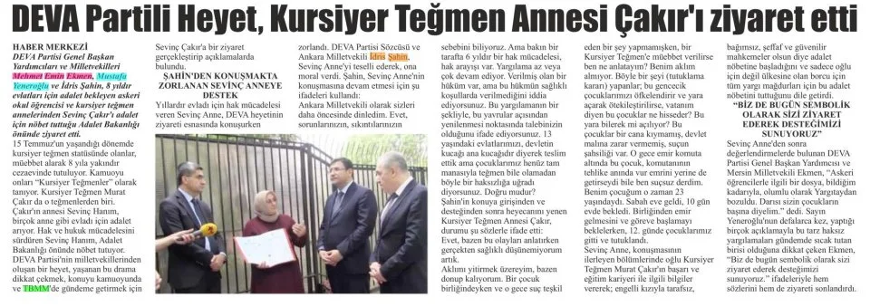 DEVA PARTİLİ HEYET, KURSİYER TEĞMEN ANNESİ ÇAKIRI ZİYARET ETTİ — gazete kupürü