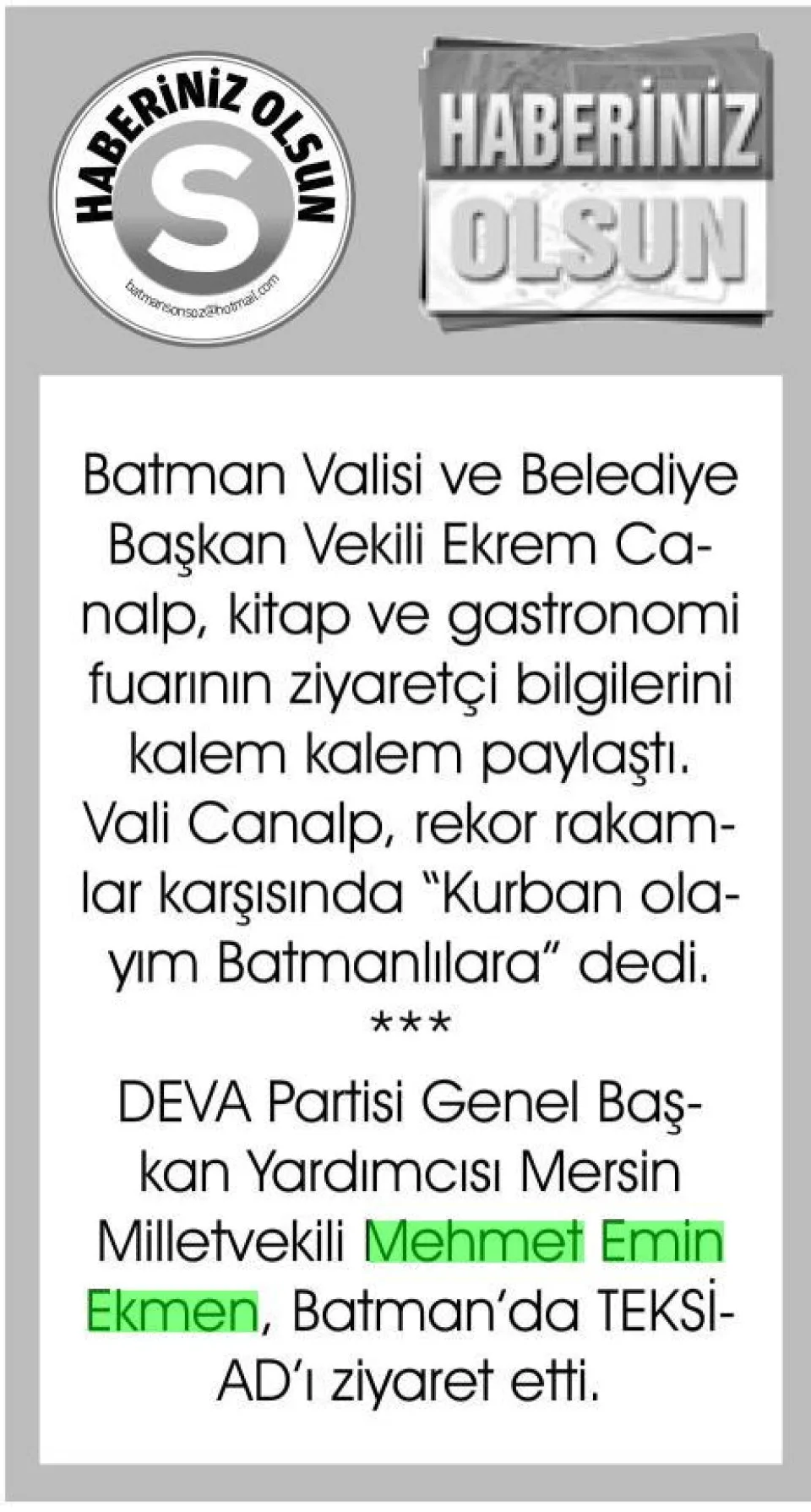 HABERİNİZ OLSUN — gazete kupürü