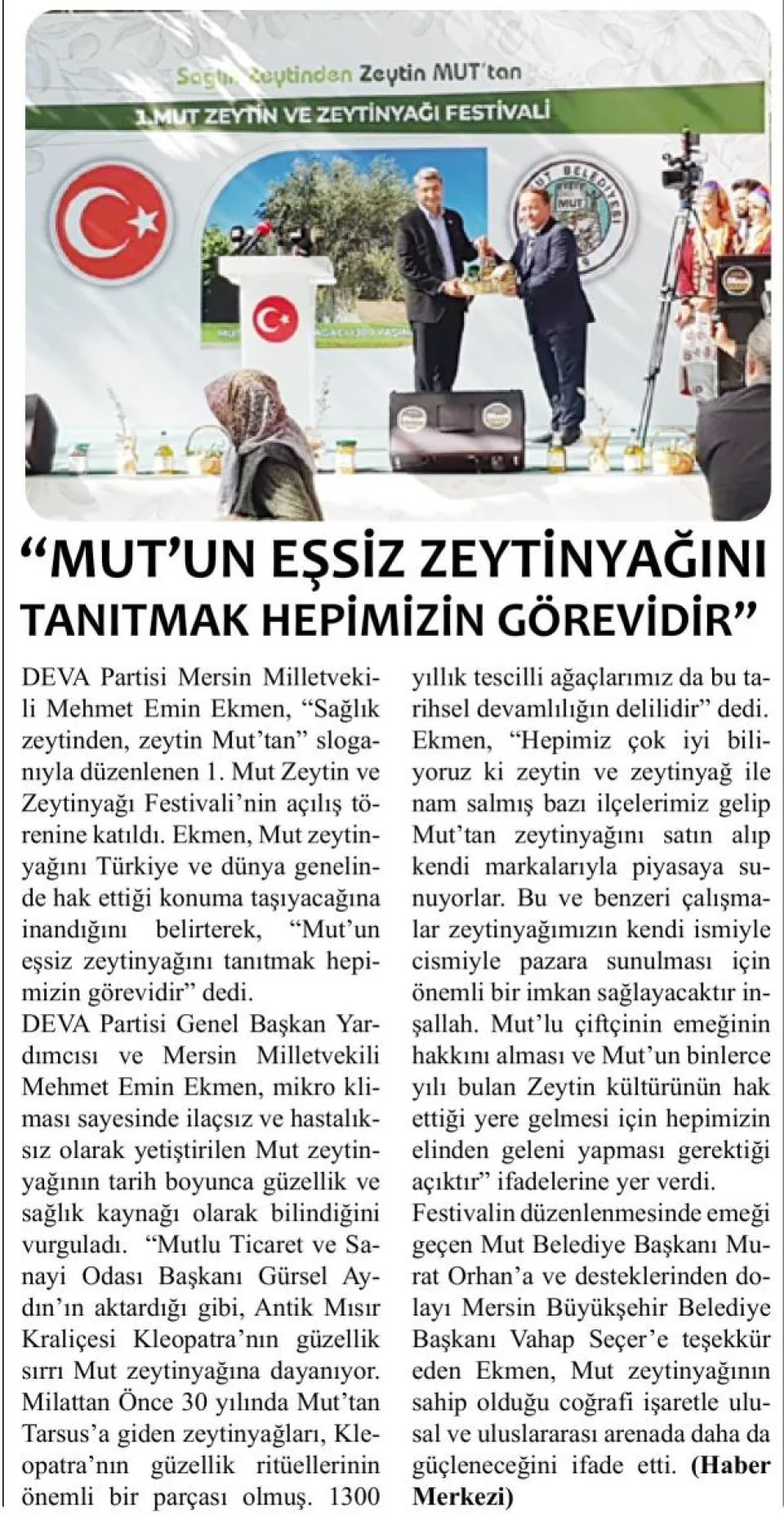 "MUT'UN EŞSİZ ZEYTİNYAĞINI TANITMAK HEPİMİZİN GÖREVİDİR — gazete kupürü