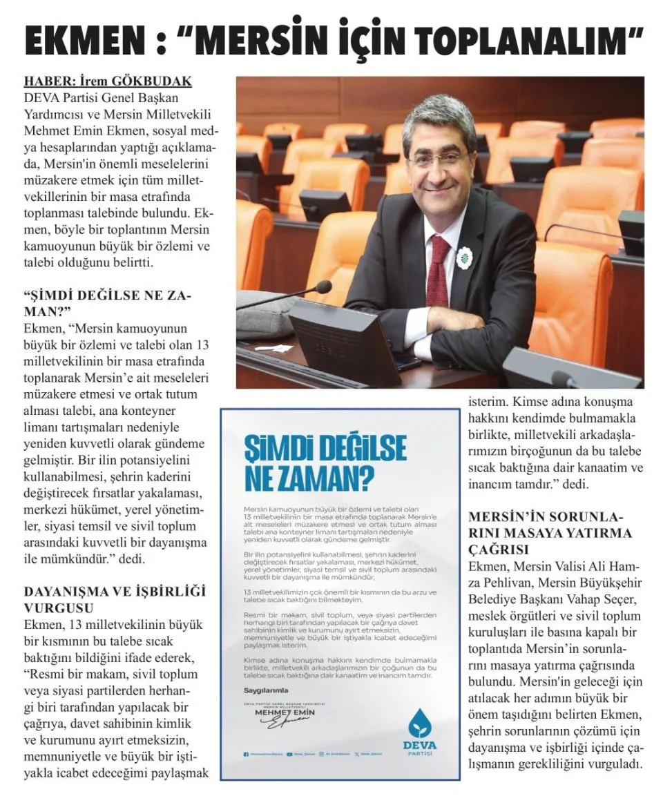 EKMEN'DEN ÇOK ÖNEMLİ ÇAĞRI ''MERSİN İÇİN TOPLANALIM'' — gazete kupürü