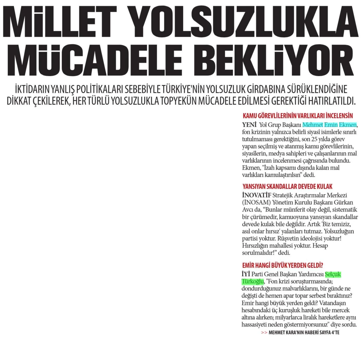 MİLLET YOLSUZLUKLA MÜCADELE BEKLİYOR — gazete kupürü