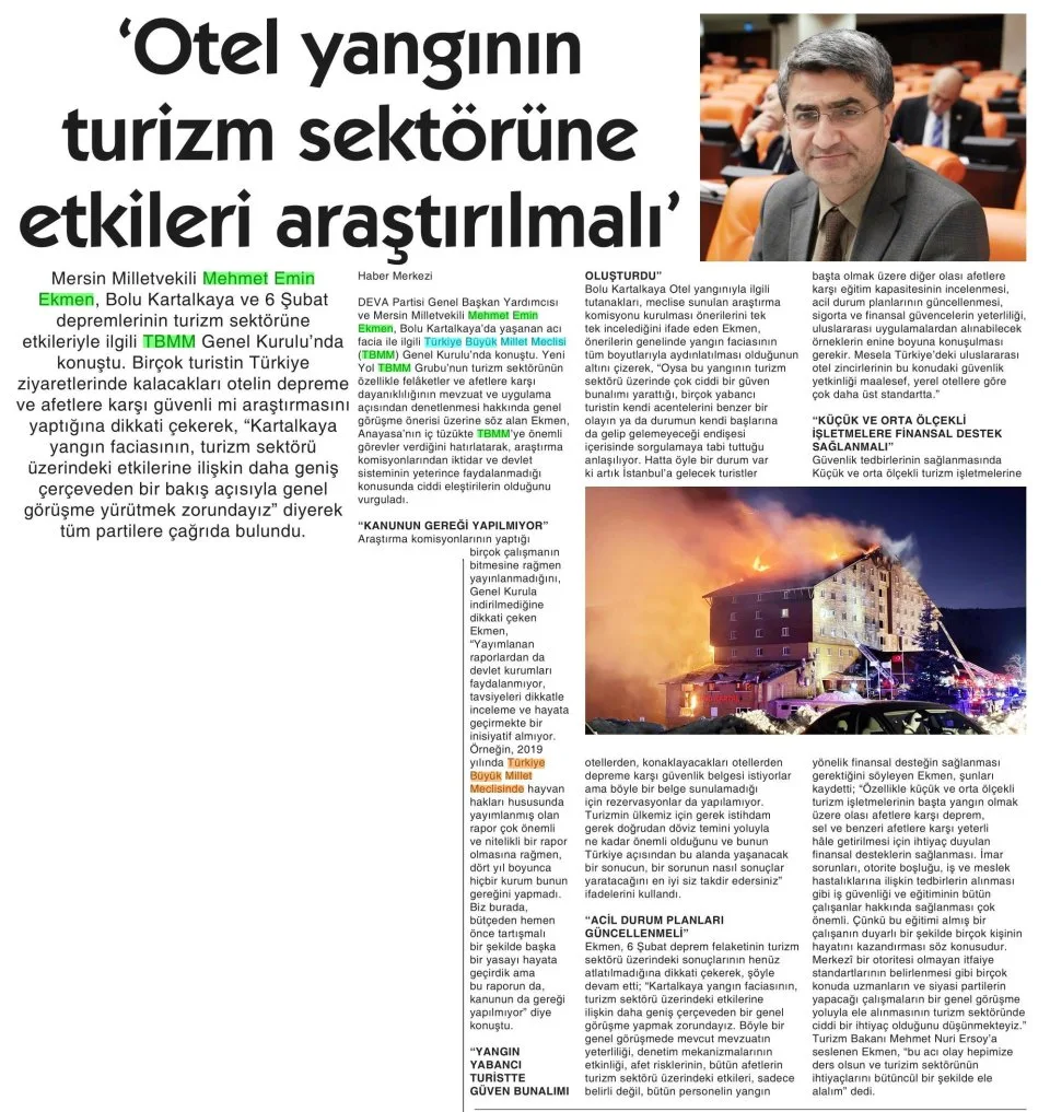 'OTEL YANGININ TURİZM SEKTÖRÜNE ETKİLERİ ARAŞTIRILMALI' — gazete kupürü