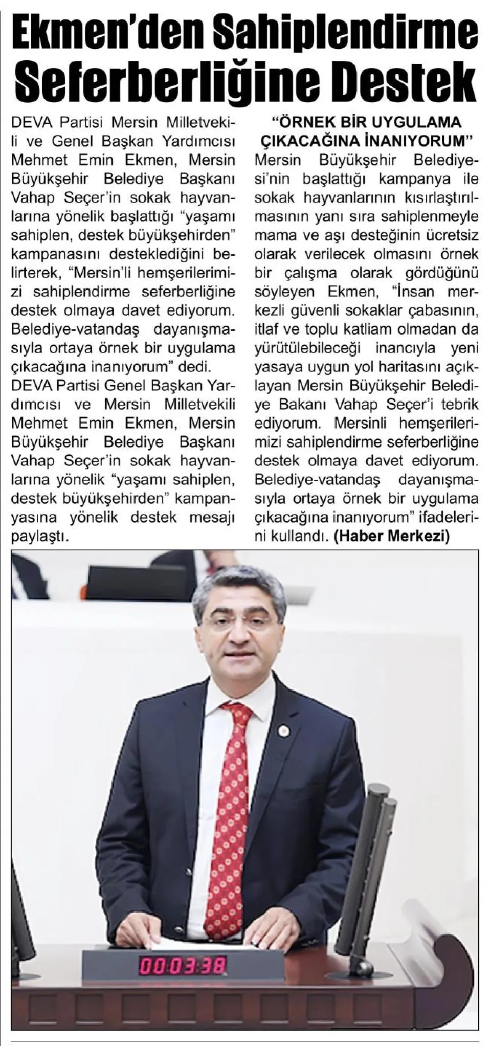 EKMEN'DEN SAHİPLENDİRME SEFERBERLİĞİNE DESTEK — gazete kupürü