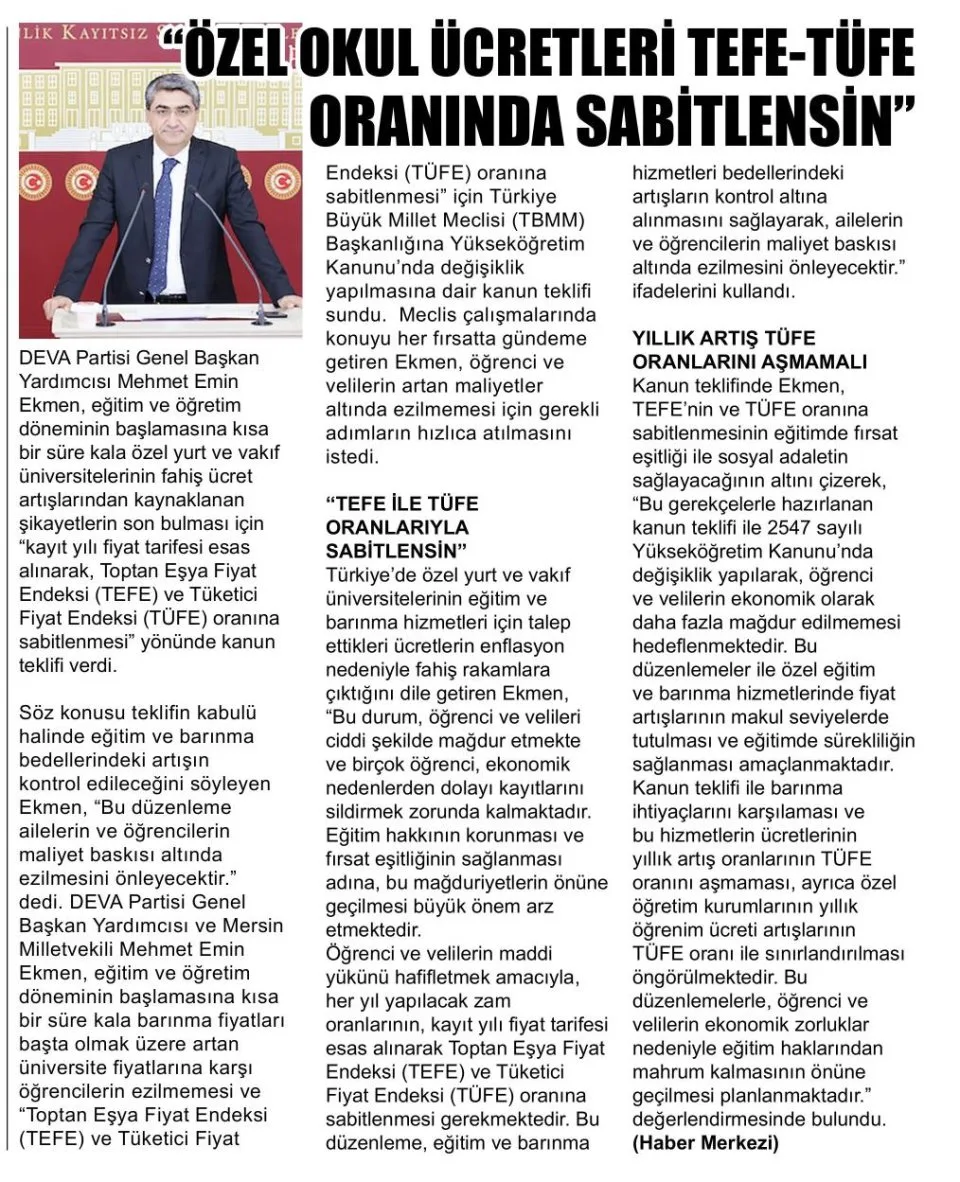 ÖZEL OKUL ÜCRETLERİ TEFE-TUFE ORANINDA SABİTLENSİN — gazete kupürü