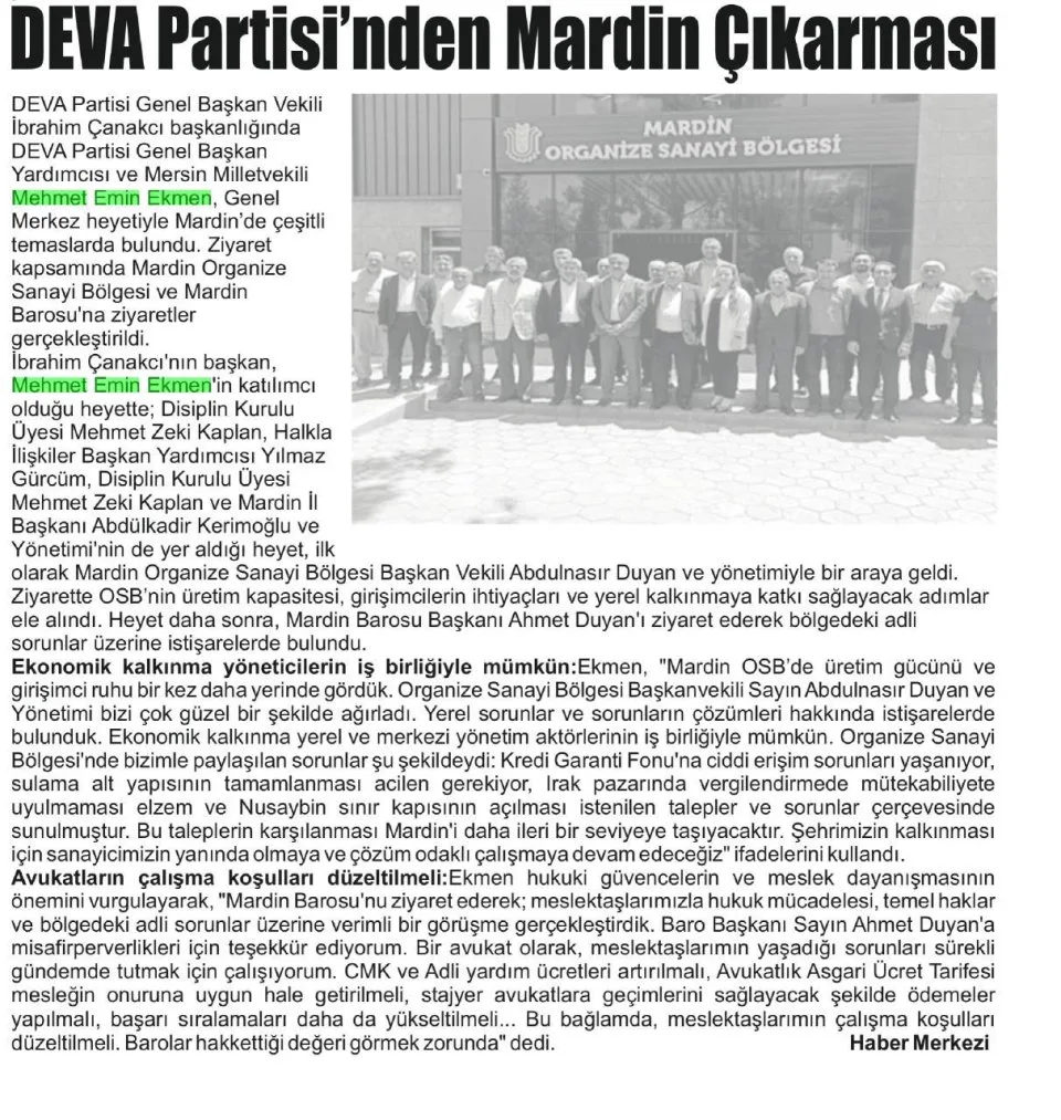 DEVA PARTİSİ'NDEN MARDİN ÇIKARMASI — gazete kupürü