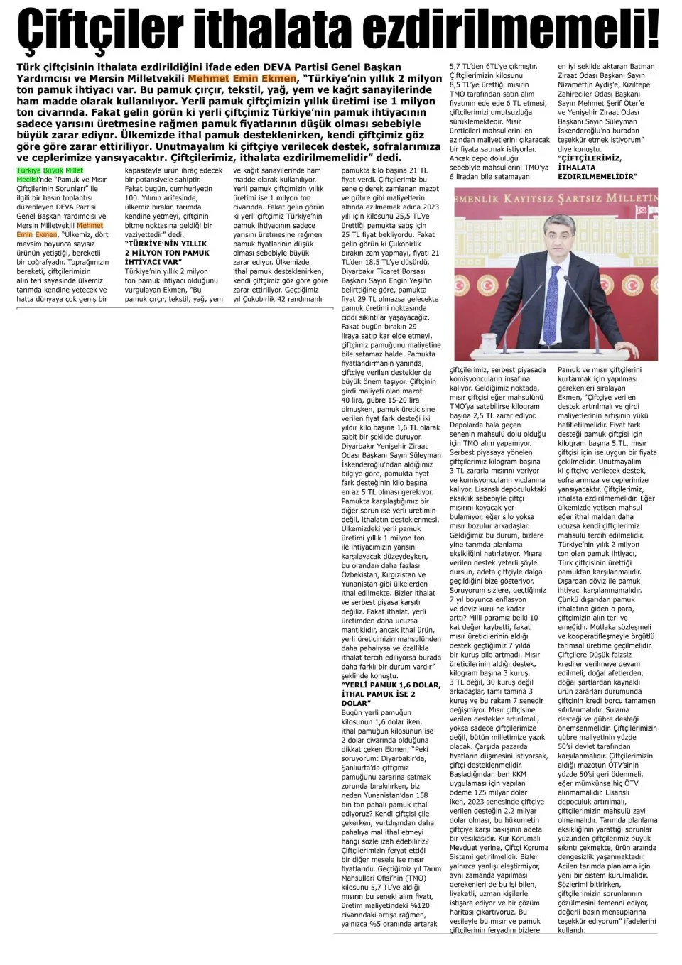 ÇİFTÇİLER İTHALATA EZDİRİLMEMELİ! — gazete kupürü