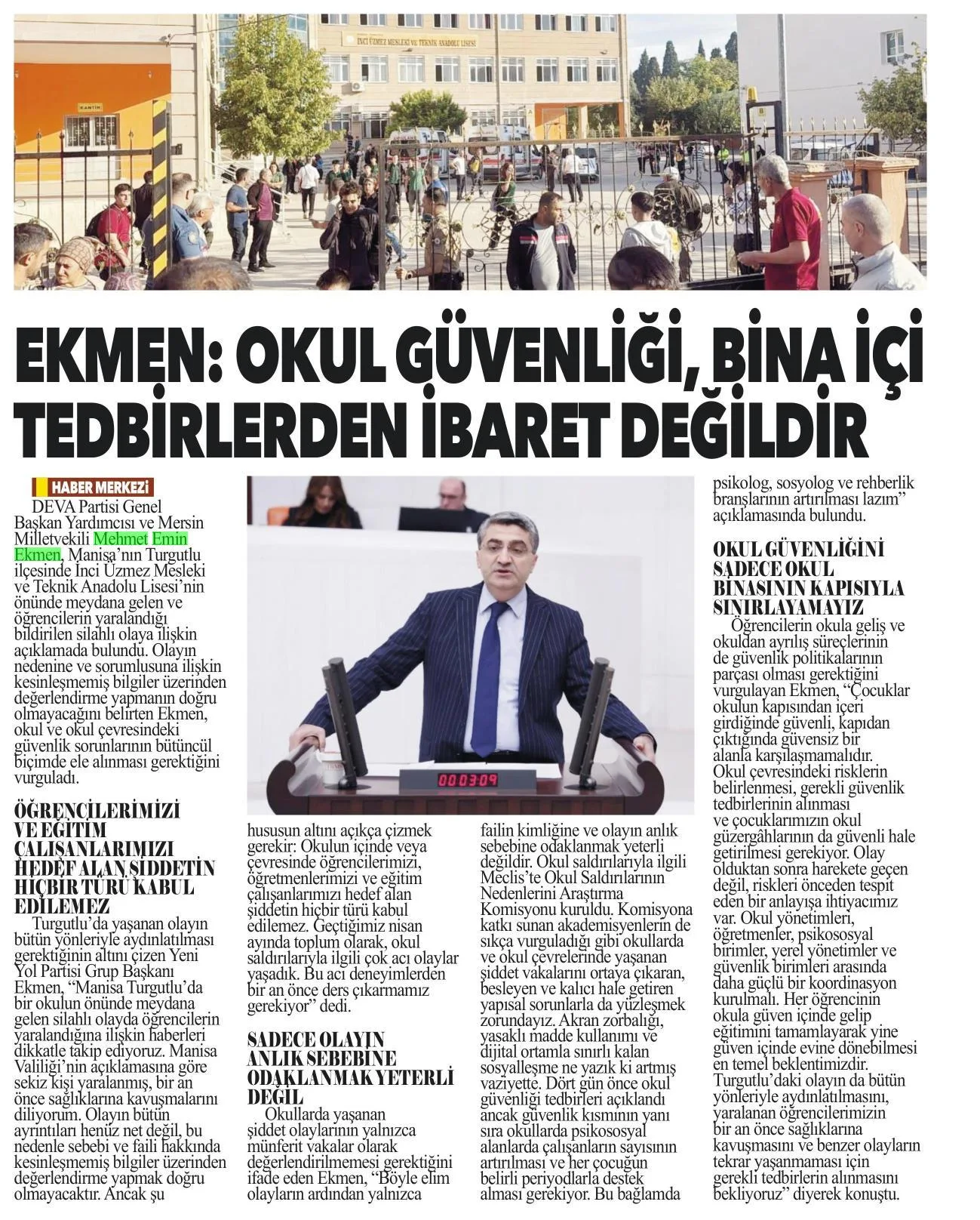 EKMEN OKUL GÜVENLİĞİ BİNA İÇİ TEDBİRLERDEN İBARET DEĞİLDİR — gazete kupürü (2. parça)