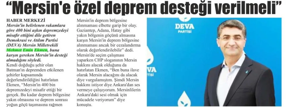 MEHMET EMİN EKMEN, "MERSİN CEZALANDIRILIYOR" — gazete kupürü