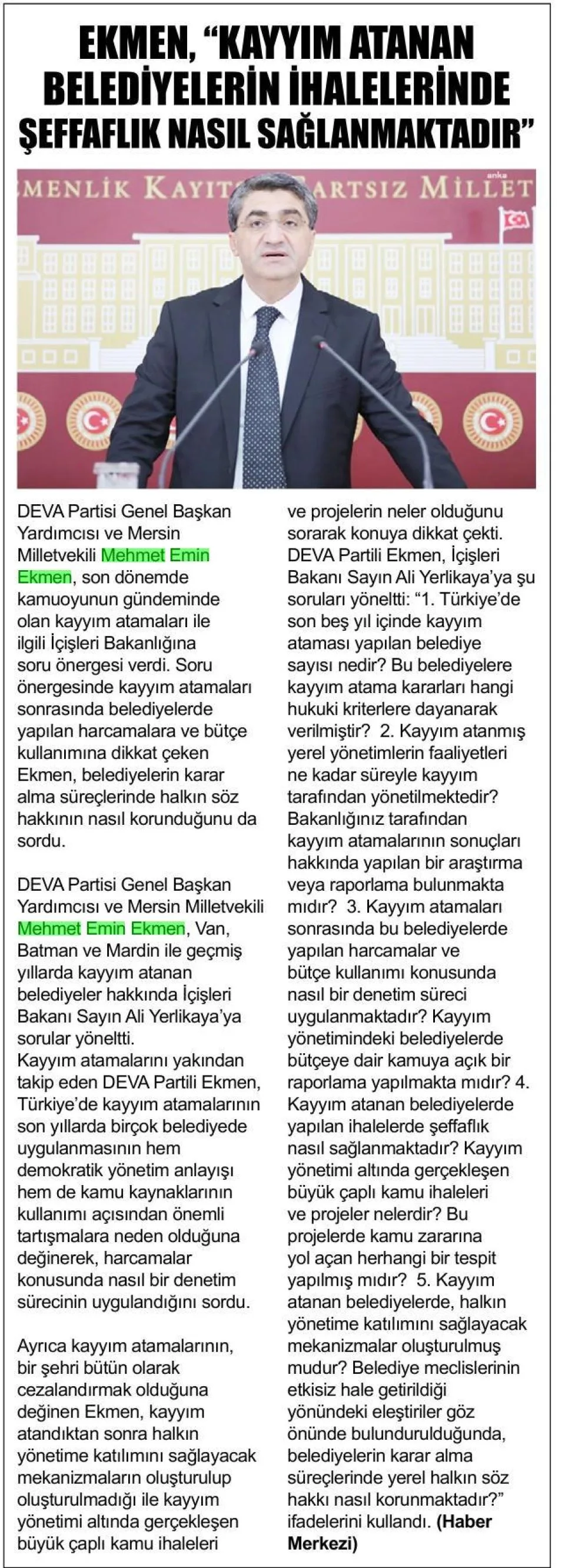 EKMEN, "KAYYIM ATANAN BELEDİYELERİN İHALELERİNDE ŞEFFAFLIK NASIL SAĞLANMAKTADIR" — gazete kupürü