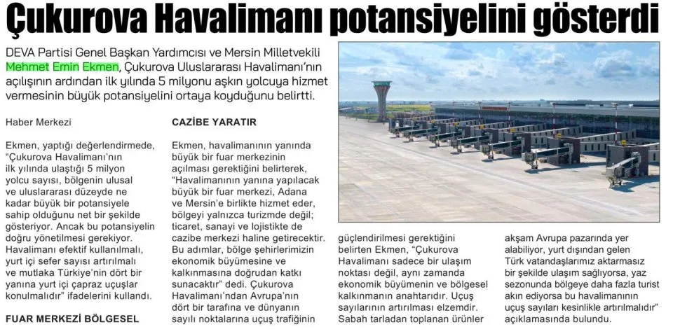 ÇUKUROVA HAVALİMANI POTANSİYELİNİ GÖSTERDİ — gazete kupürü