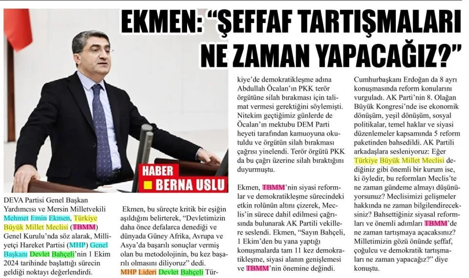 EKMEN : ŞEFFAF TARTIŞMALARI NE ZAMAN YAPACAĞIZ ? — gazete kupürü