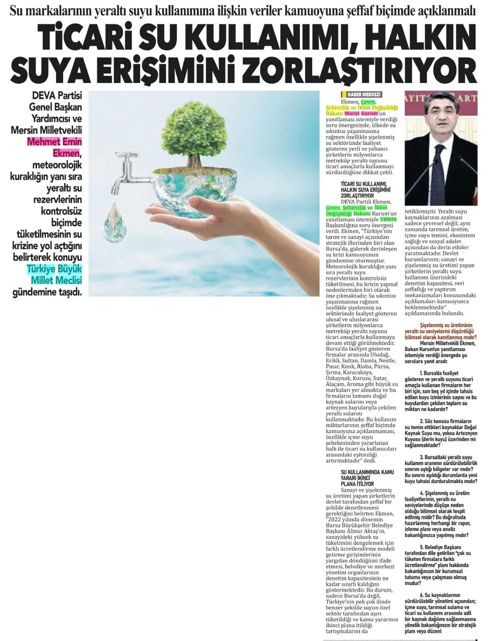 TİCARİ SU KULLANIMI, HALKIN SUYA ERİŞİMİNİ ZORLAŞTIRIYOR — gazete kupürü