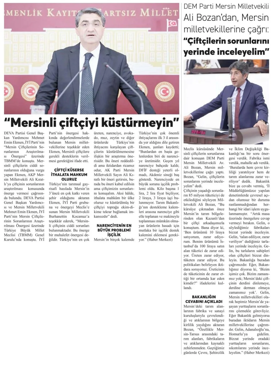 MERSİNLİ ÇİFTÇİYE DE RET — gazete kupürü