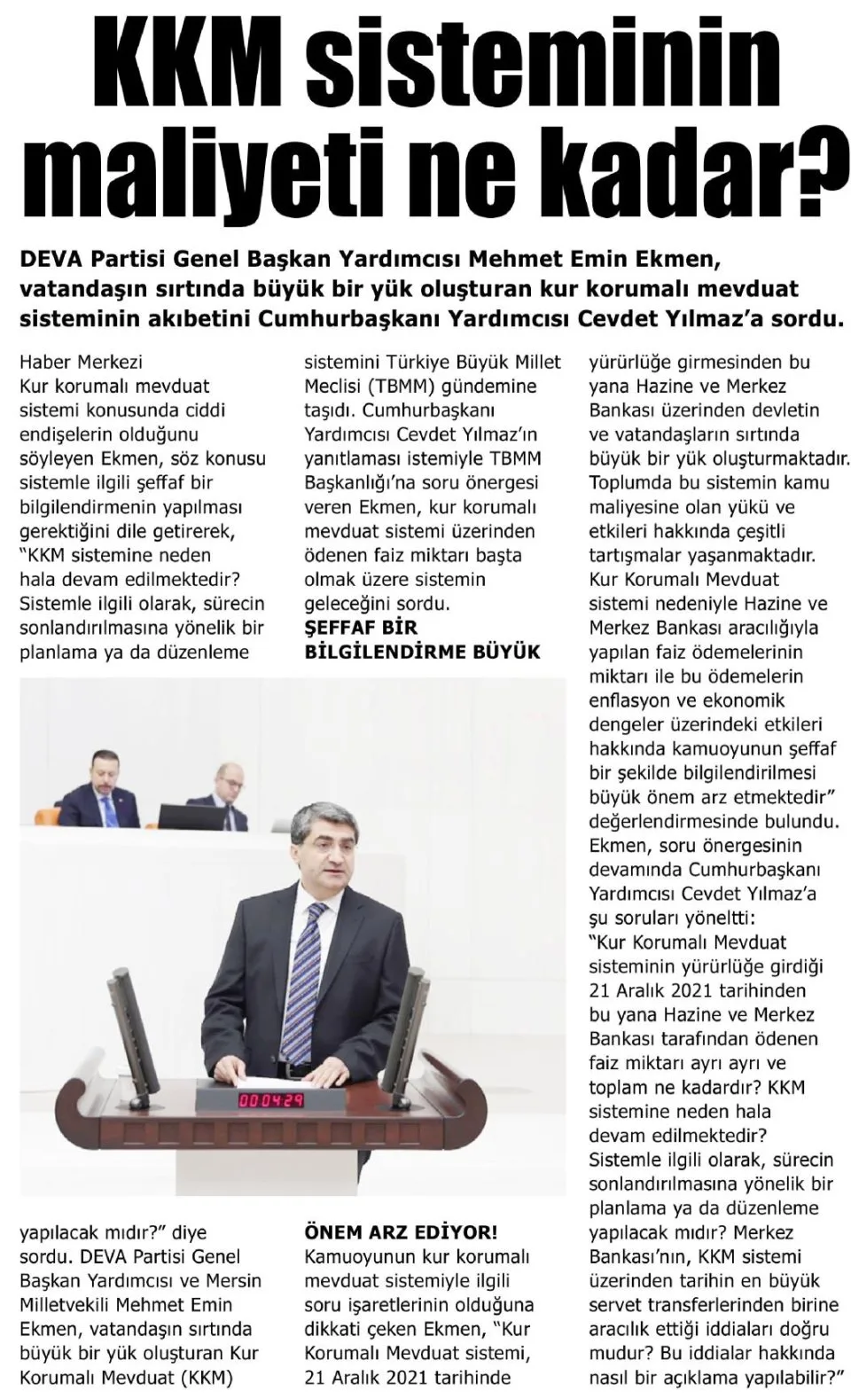 KKM SİSTEMİNİN MALİYETİ NE KADAR — gazete kupürü