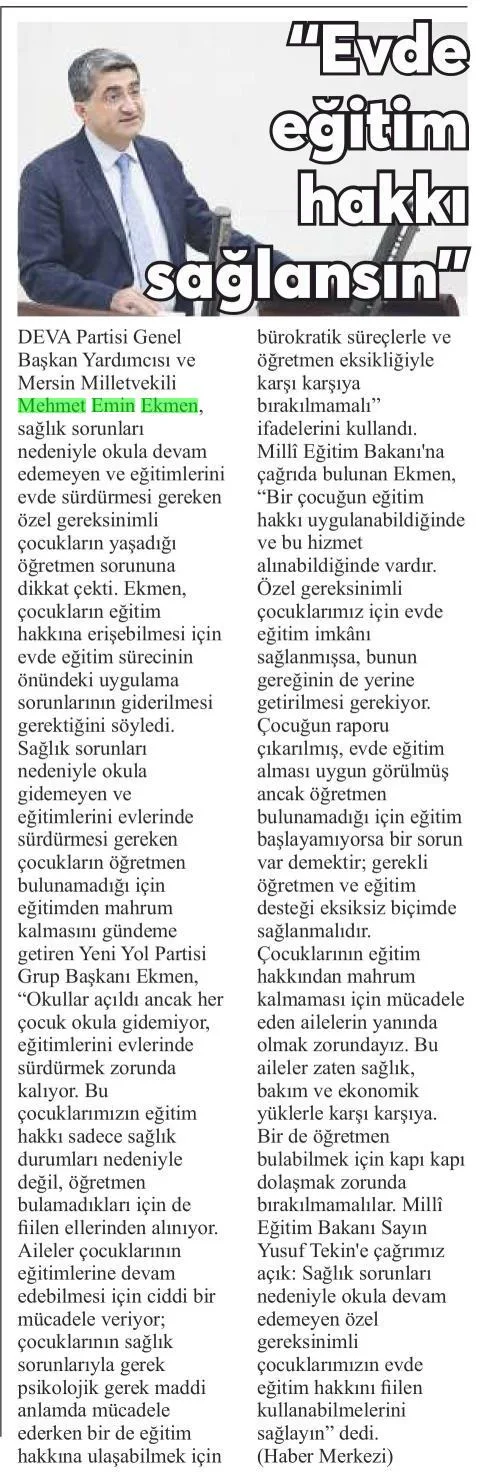 EVDE EĞİTİM HAKKI SAĞLANSIN — gazete kupürü