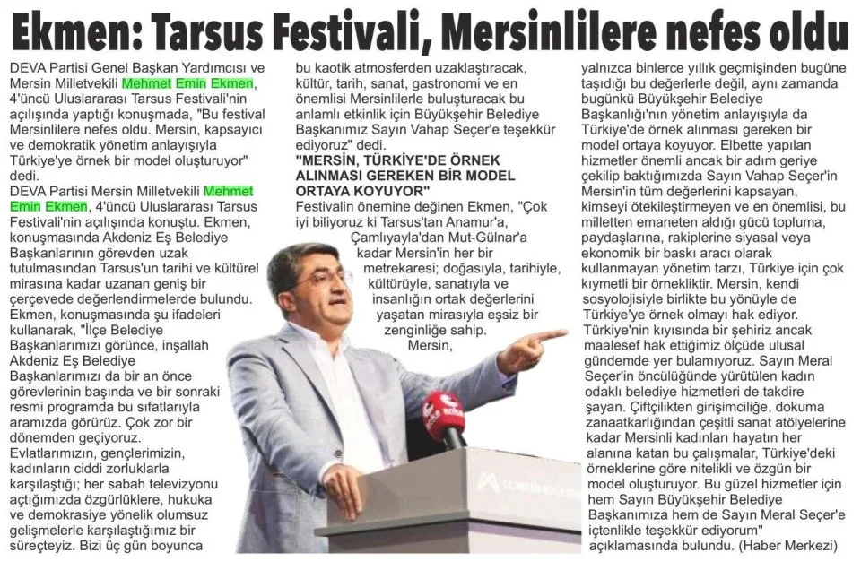 EKMEN: TARSUS FESTİVALİ, MERSİNLİLERE NEFES OLDU — gazete kupürü