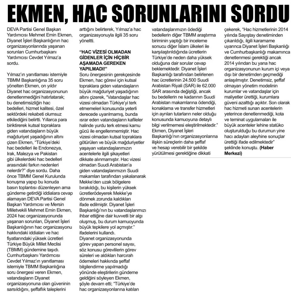 EKMEN, HAC SORUNLARINI SORDU — gazete kupürü