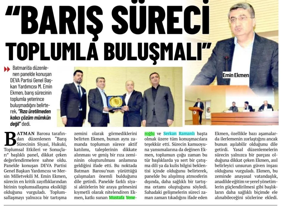 BARIŞ SURECİ TOPLUMLA BULUŞMALI — gazete kupürü