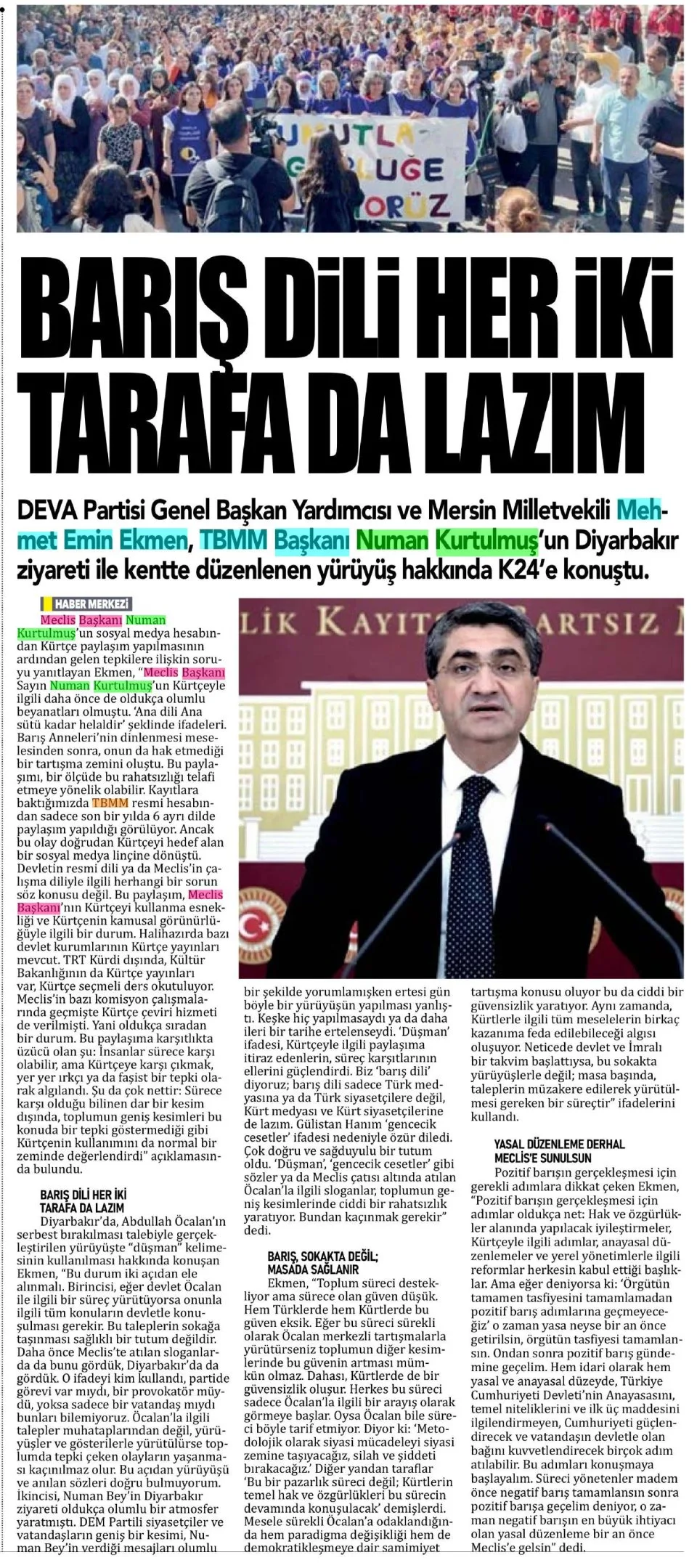 BARIŞ DİLİ HER İKİ TARAFA DA LAZIM — gazete kupürü