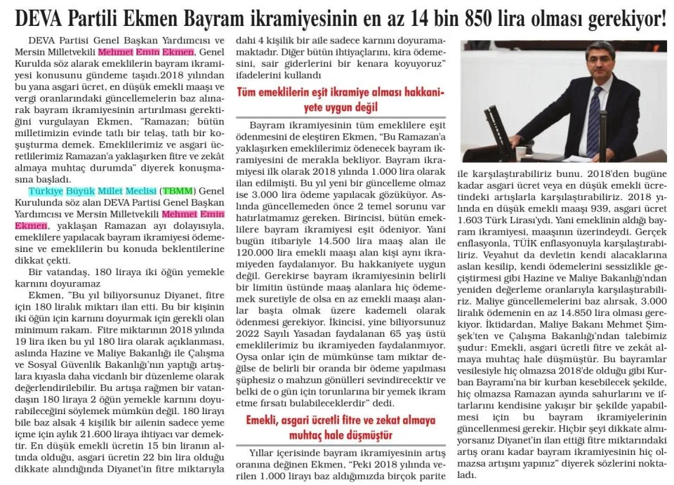 DEVA PARTİLİ EKMEN BAYRAM İKRAMİYESİNİN EN AZ 14 BİN 850 LİRA OLMASI GEREKİYOR! — gazete kupürü