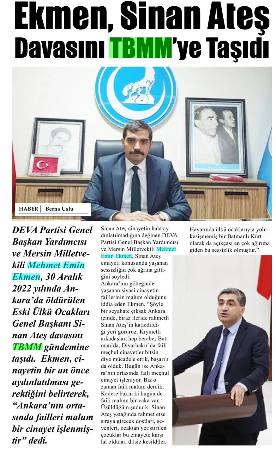 EKMEN, SİNAN ATEŞ DAVASINI TBMM'YE TAŞIDI — gazete kupürü