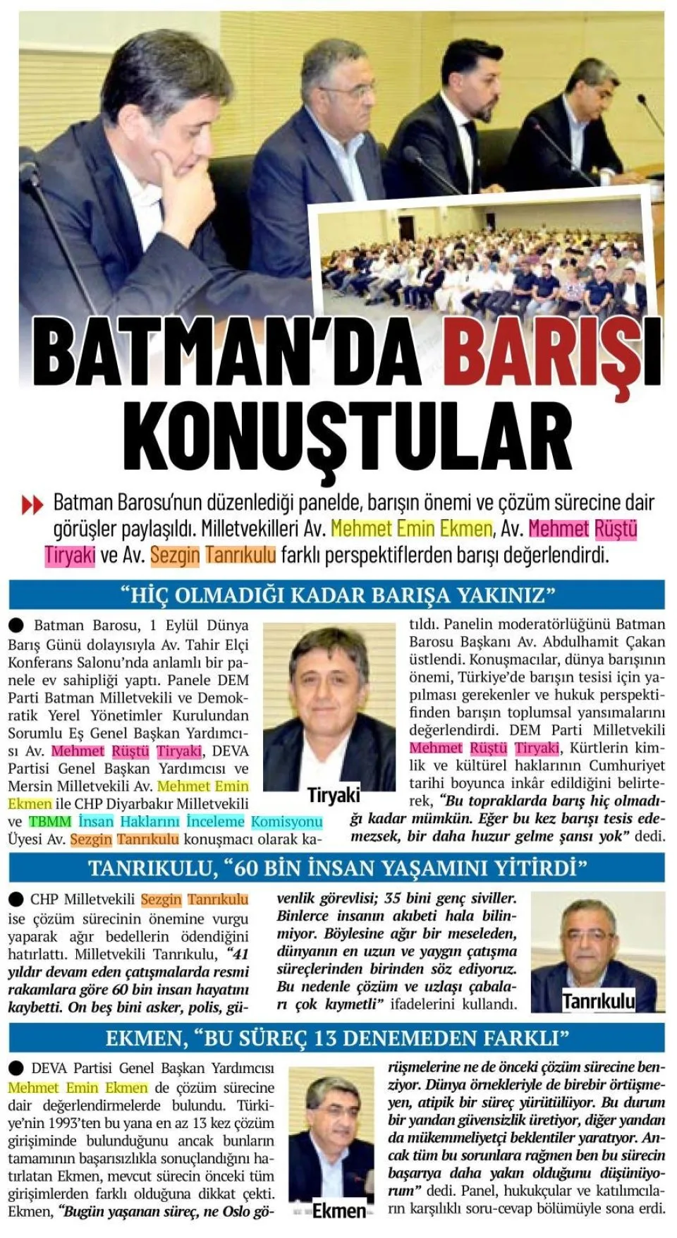 BATMAN'DA BARIŞI KONUŞTULAR — gazete kupürü