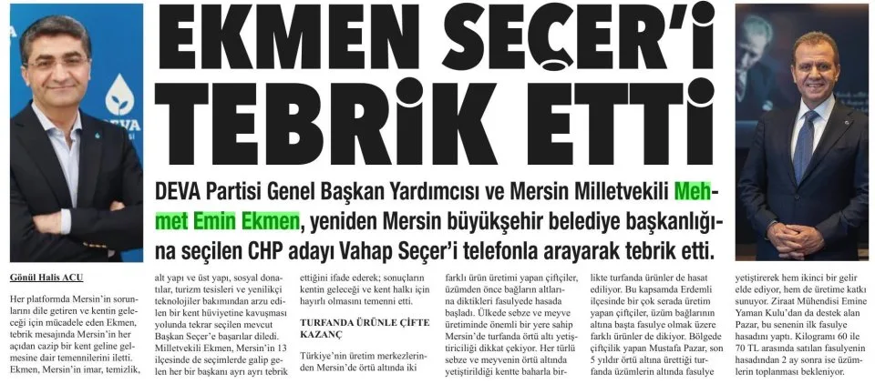 EKMEN SECER'İ TEBRİK ETTİ — gazete kupürü