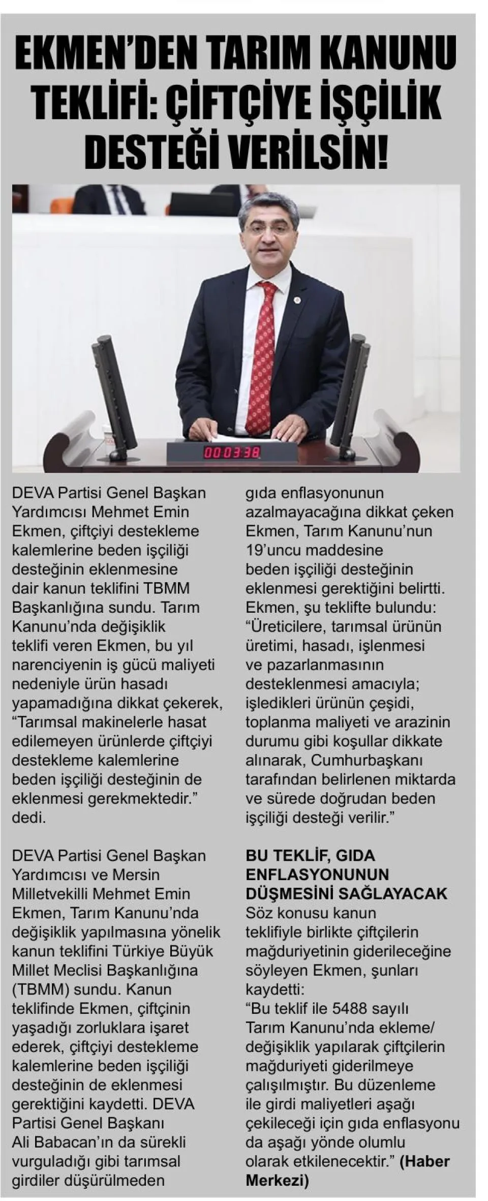 ÇİFTÇİYE İŞÇİLİK DESTEĞİ VERİLSİN — gazete kupürü