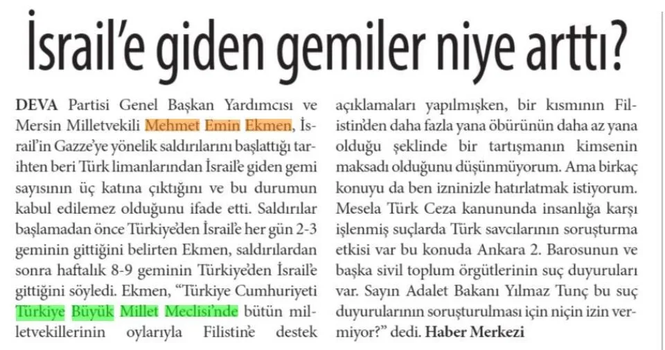 İSRAİL'E GİDEN GEMİLER NİYE ARTTI — gazete kupürü