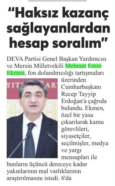 'HAKSIZ KAZANÇ SAĞLAYANLARDAN HESAP SORALIM' — gazete kupürü