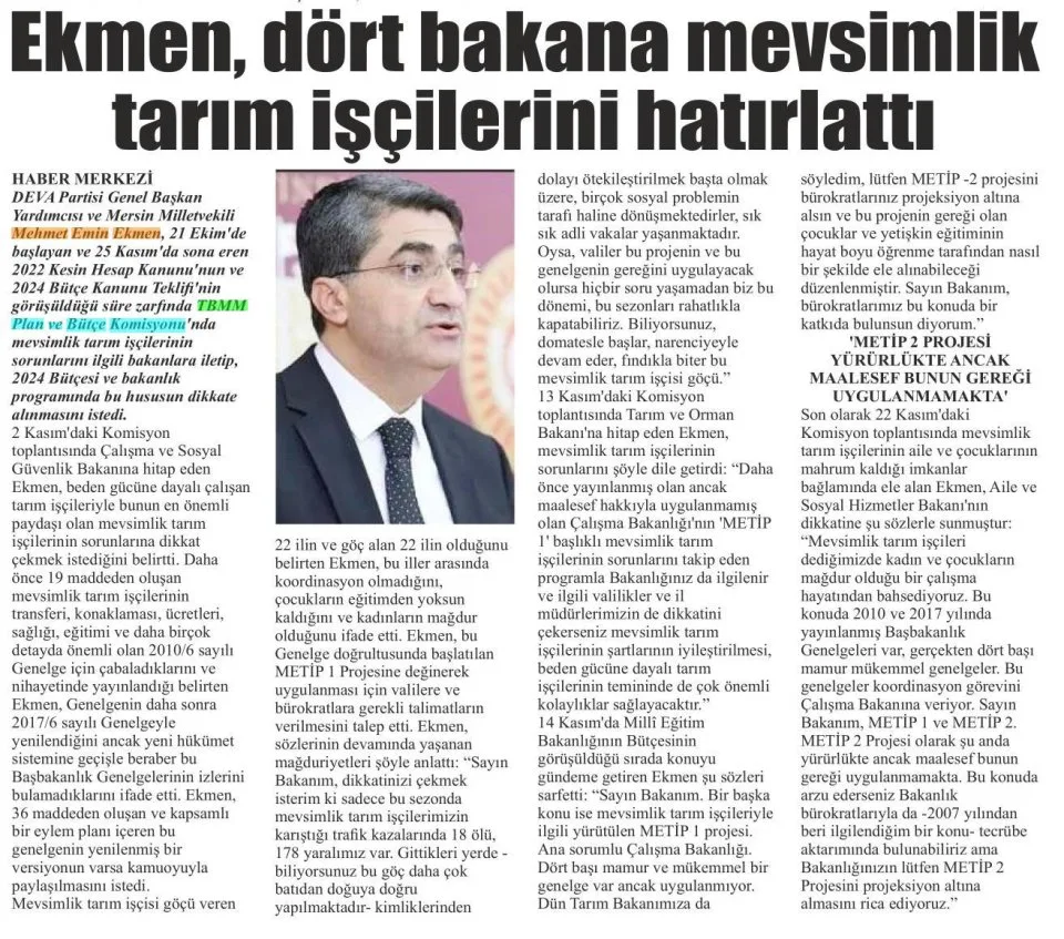 DEVA PARTİLİ EKMEN, DÖRT BAKANA MEVSİMLİK TARIM İŞÇİLERİNİ HATIRLATTI — gazete kupürü