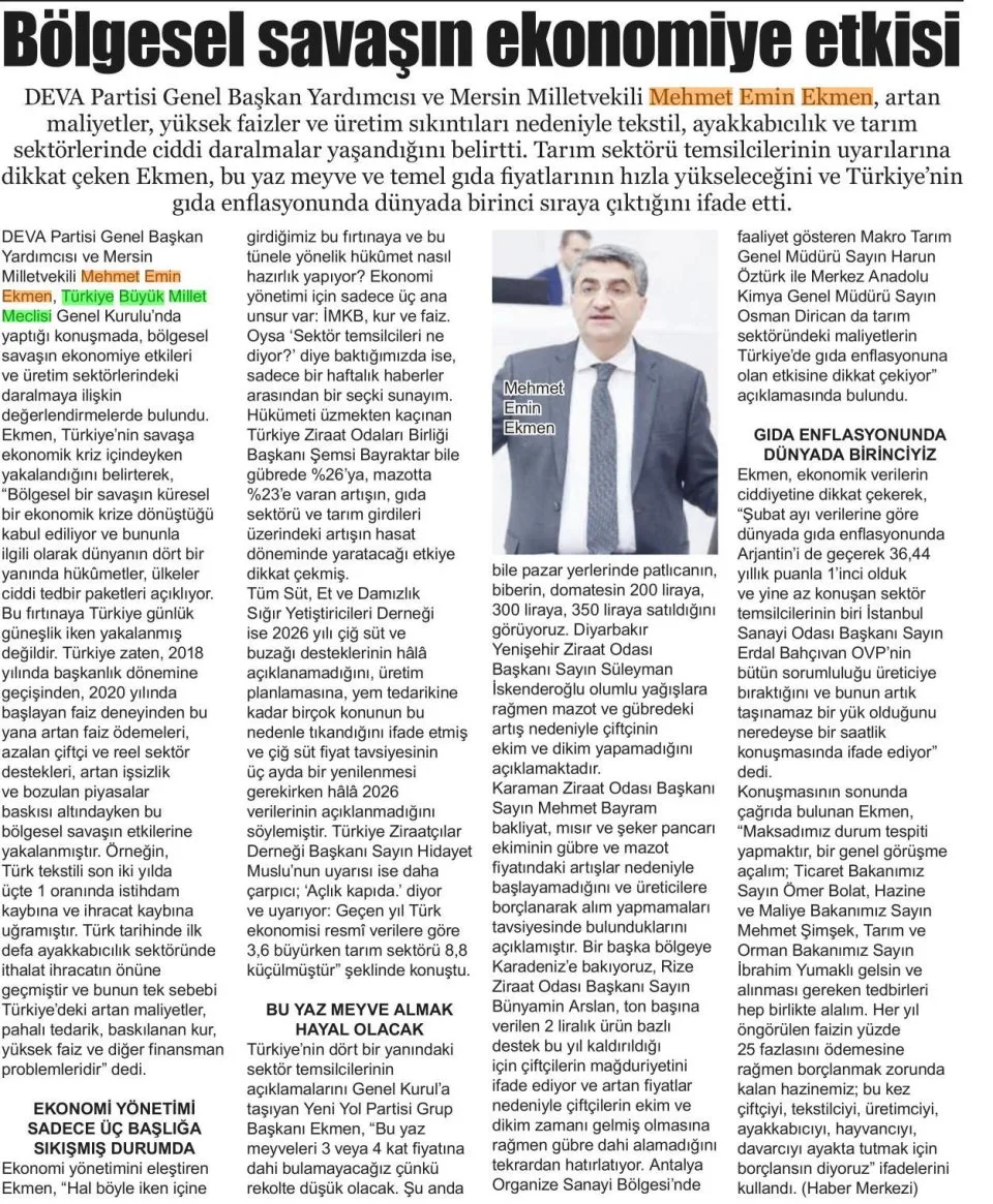 BÖLGESEL SAVAŞIN EKONOMİYE ETKİSİ — gazete kupürü