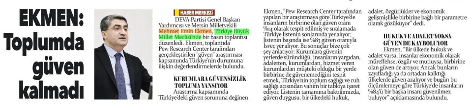 EKMEN: TOPLUMDA GÜVEN KALMADI — gazete kupürü
