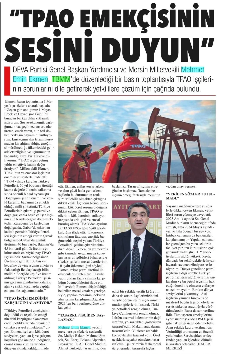 TPAO EMEKÇİSİNİN SESİNİ DUYUN — gazete kupürü