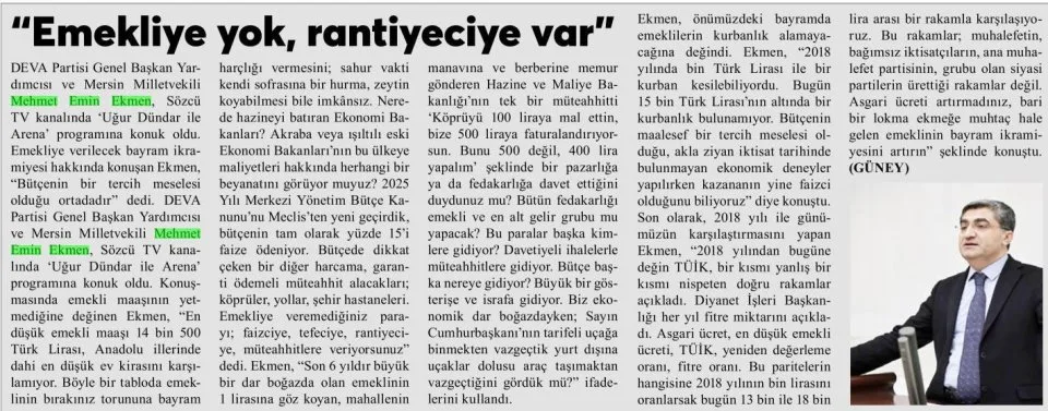 "EMEKLİYE YOK, RANTİYECİYE VAR" — gazete kupürü