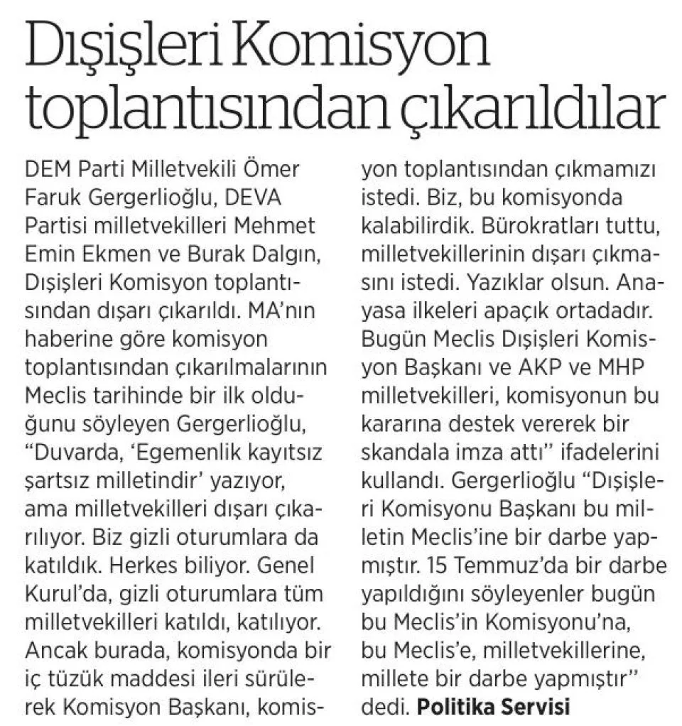 DIŞİŞLERİ KOMİSYON TOPLANTISINDAN ÇIKARILDILAR — gazete kupürü